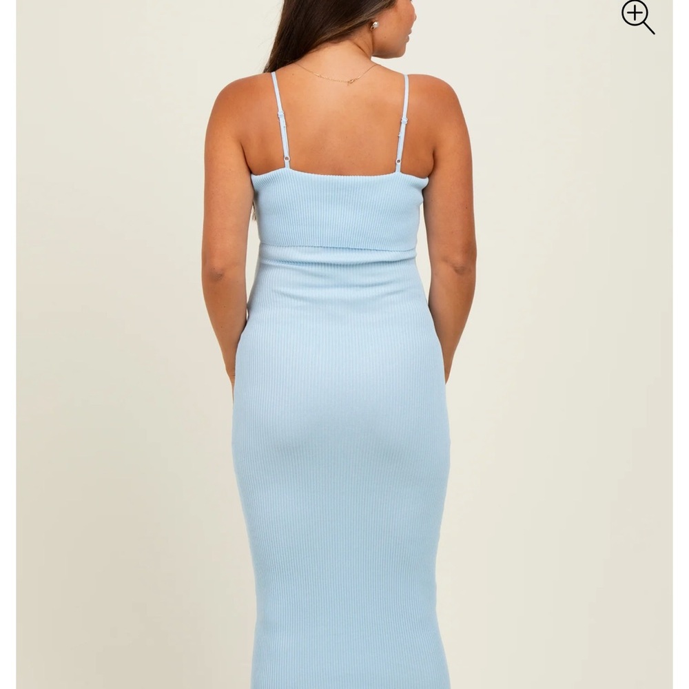 💙NWT Baby Blue Rib Knit Off Shoulder Maternity Midi Dress - Picture 2 of 9